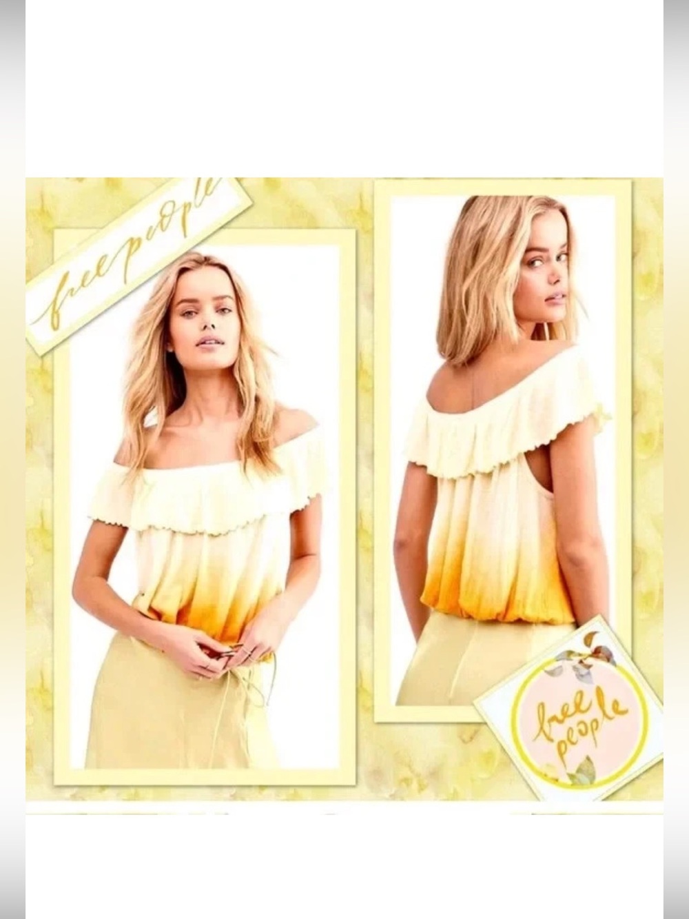 NWT Free People Cora Lee Yellow Ombre Ruffle Off-Shoulder Crop Top SZ Large